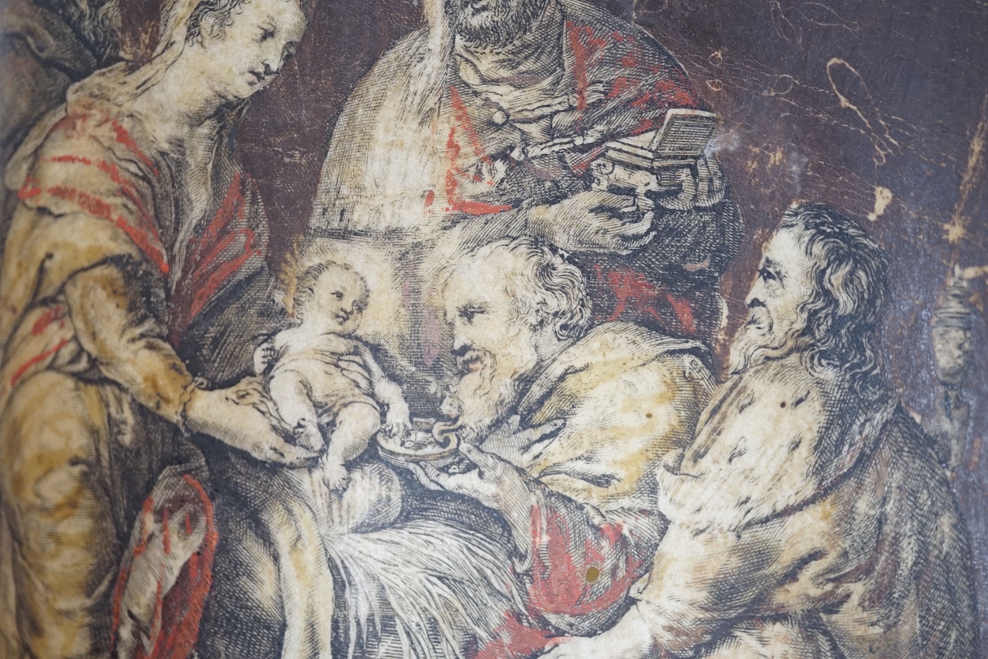 Old Master style, overpainted print on vellum, Adoration of Christ, unframed, 14 x 9.5cm. Condition - poor